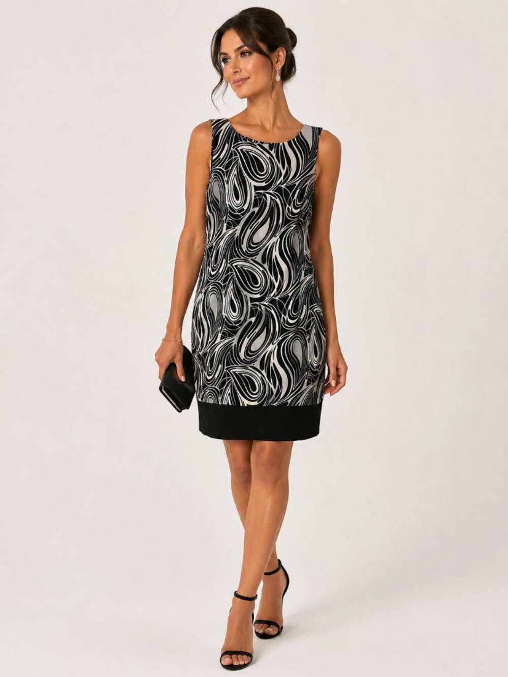 AB Studio Black & White Swirl Sleeveless Shift Dress